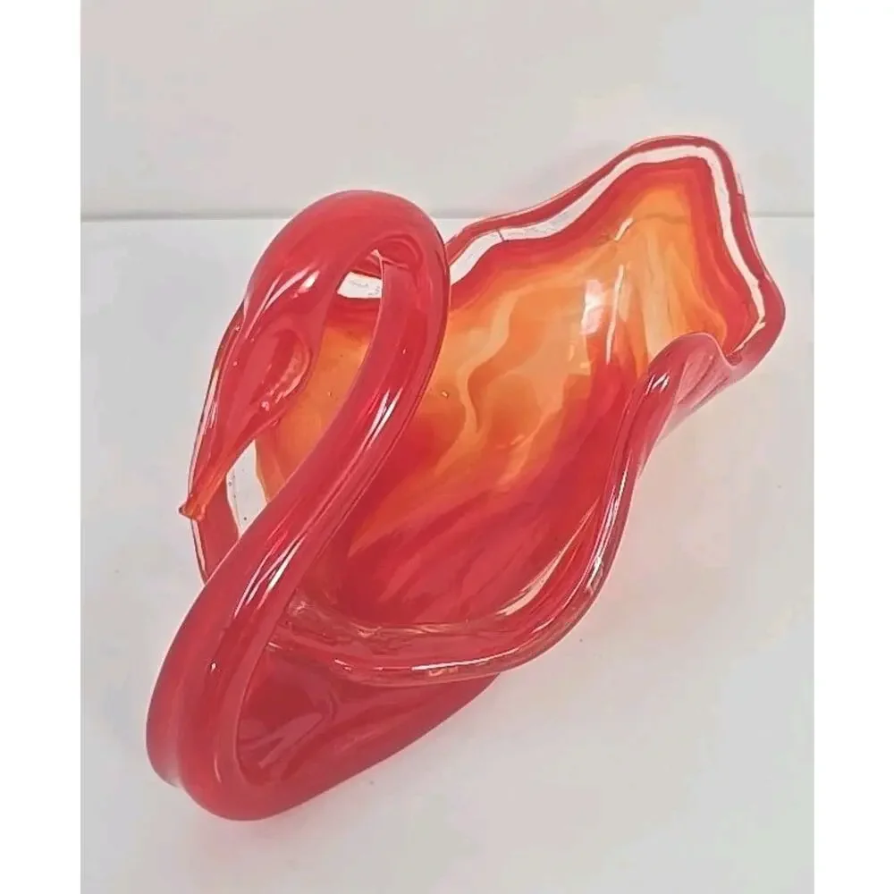 Vintage Large Glass Swan Candy Dish Orange Swirl Hand‎ Blown MSC1